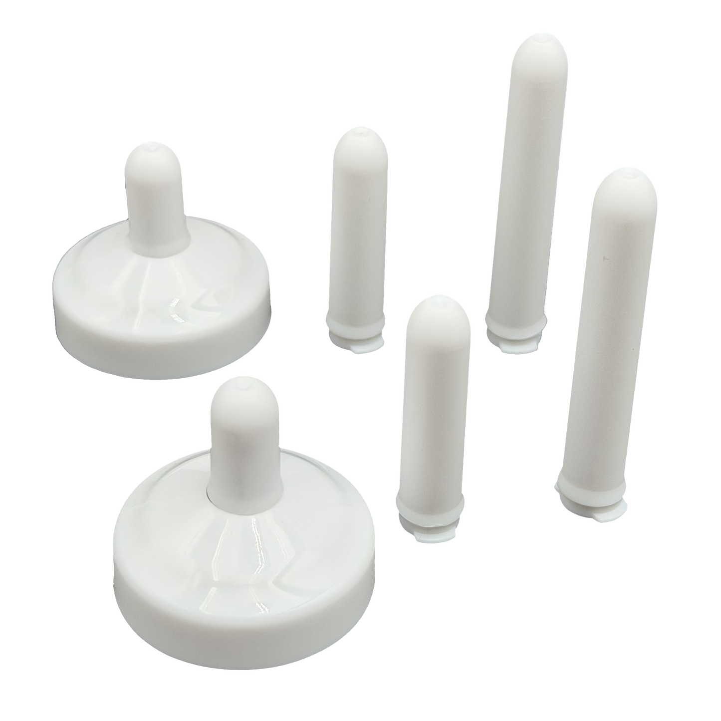 TidyCap with short bolt covers inserted and taller bolt covers standing next to toilet bolt caps