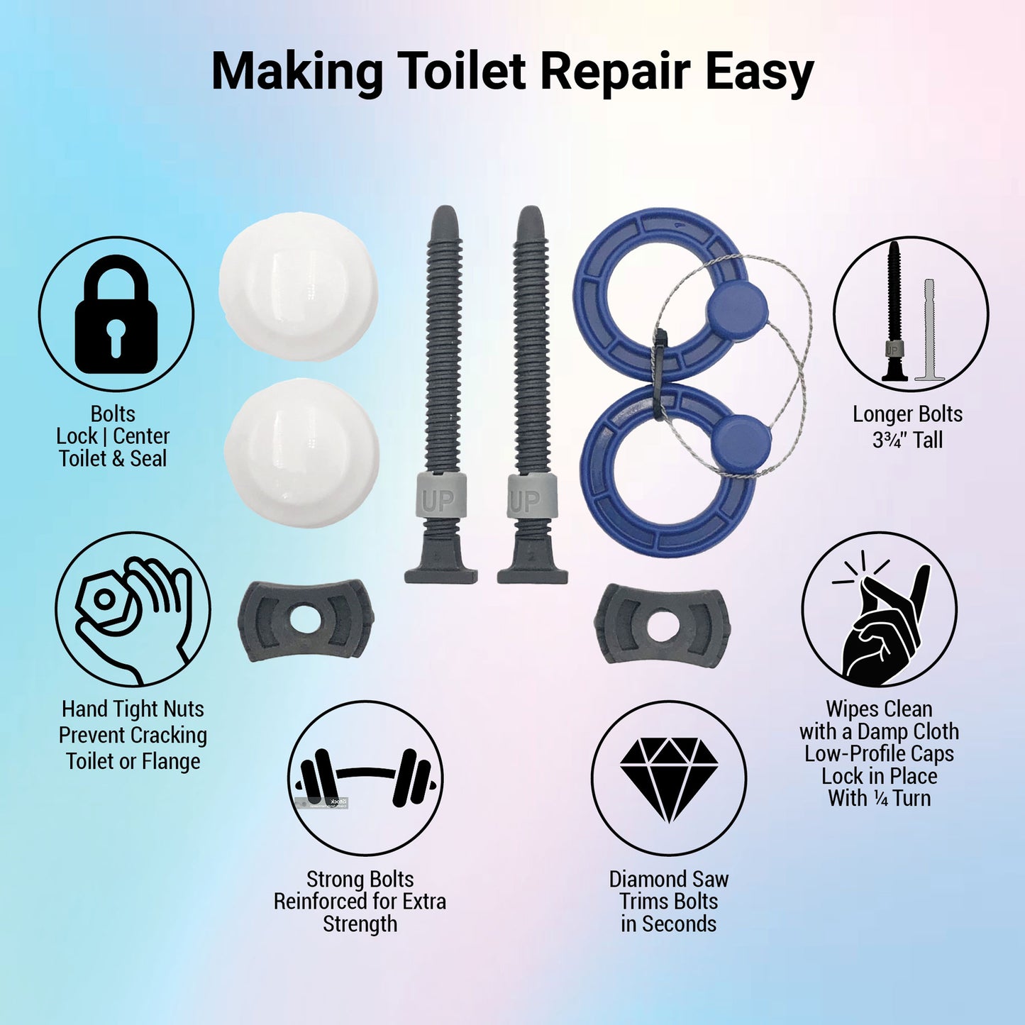 Toilet Repair: Toilet Bolts, Toilet Bolt Caps. Toilet Kit Replaces Rusty Bolts and Loose Toilet Caps. For Wax Free & Wax Rings. One-N-Done T10-OND-100
