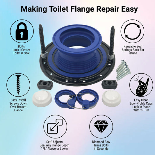 Toilet Flange Repair Kit. Toilet Parts: Wax Free Toilet Seal, Bolts, Toilet Bolt Caps. Universal Toilet Repair Kit. One-N-Done Premium T10-OND-400-DS