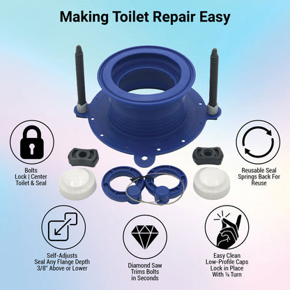 Universal Toilet Repair Kit Toilet Parts: Toilet Seal, Bolts, Toilet Bolt Caps. Toilet Kit Replaces Leaky Toilet Wax Ring. One-N-Done T10-OND-200-DS